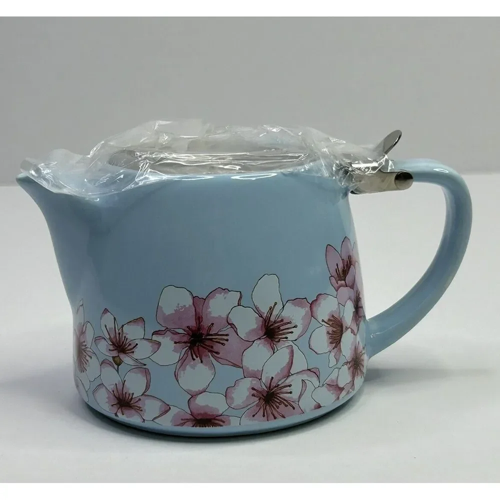 New Alfred Ceramic + Stainless Steel Teapot 20 oz Blue‎ Floral Cherry Blossom